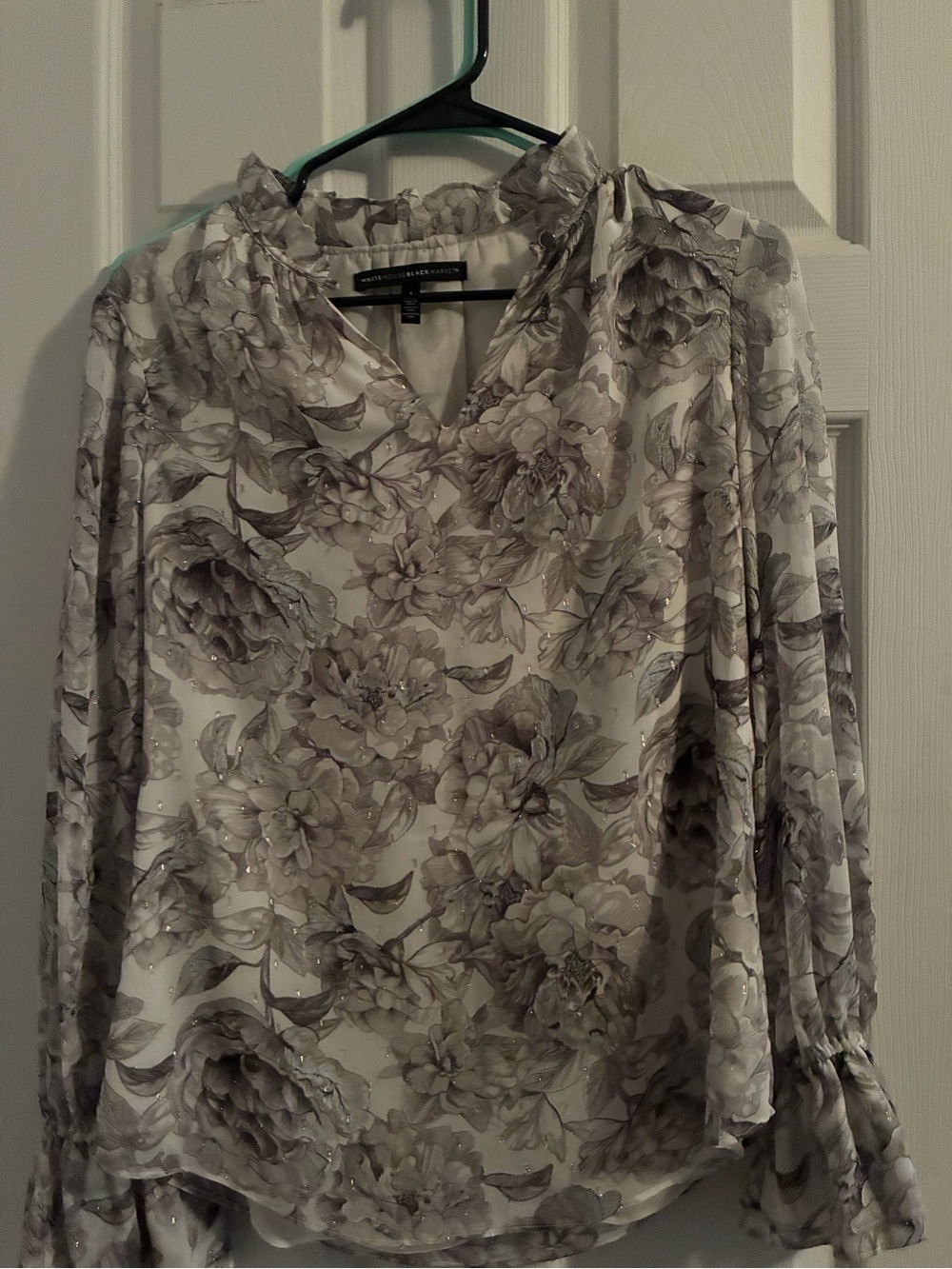 White House Black Market Gray Floral Ruffle-Neck Blouse